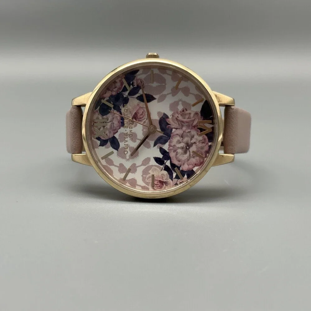 Olivia Burton Wild Flower Womens Watch 34mm Pink Strap Gold Tone New Battery